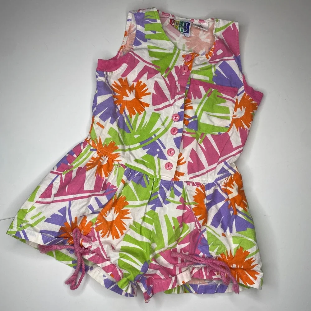Great Shapes Kids Girls Tropical Floral Print Romper Jumper Size 7 Vintage